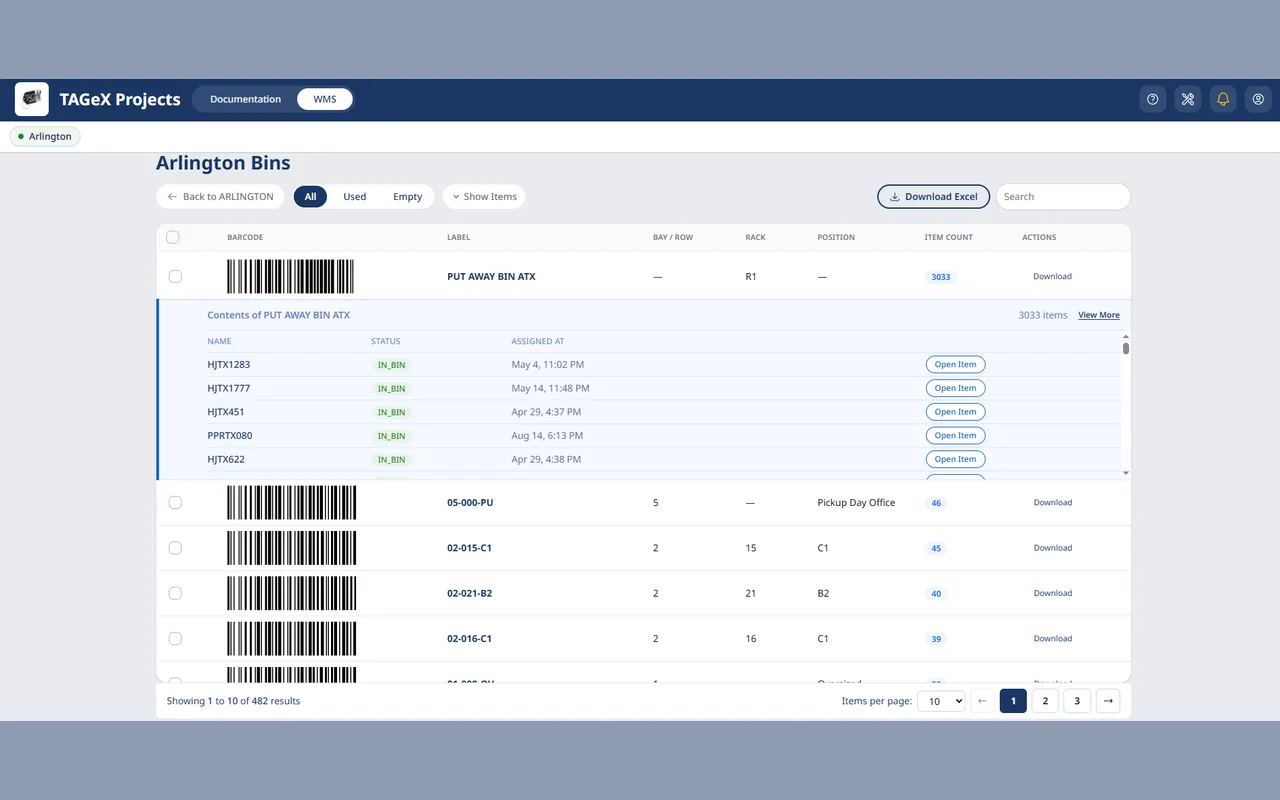 The bin list for a warehouse, each row showing its barcode, bay, rack and position, with one bin expanded to its contents