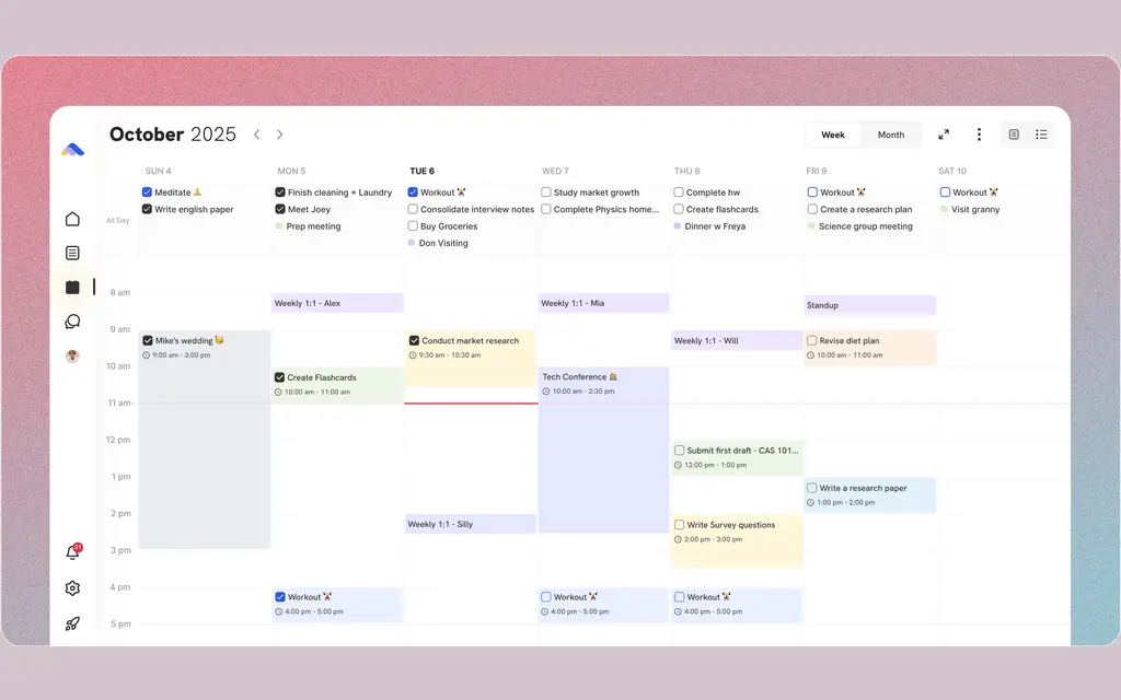 A ByDesign month calendar for October, with colour-coded tasks and time blocks laid out across the week columns