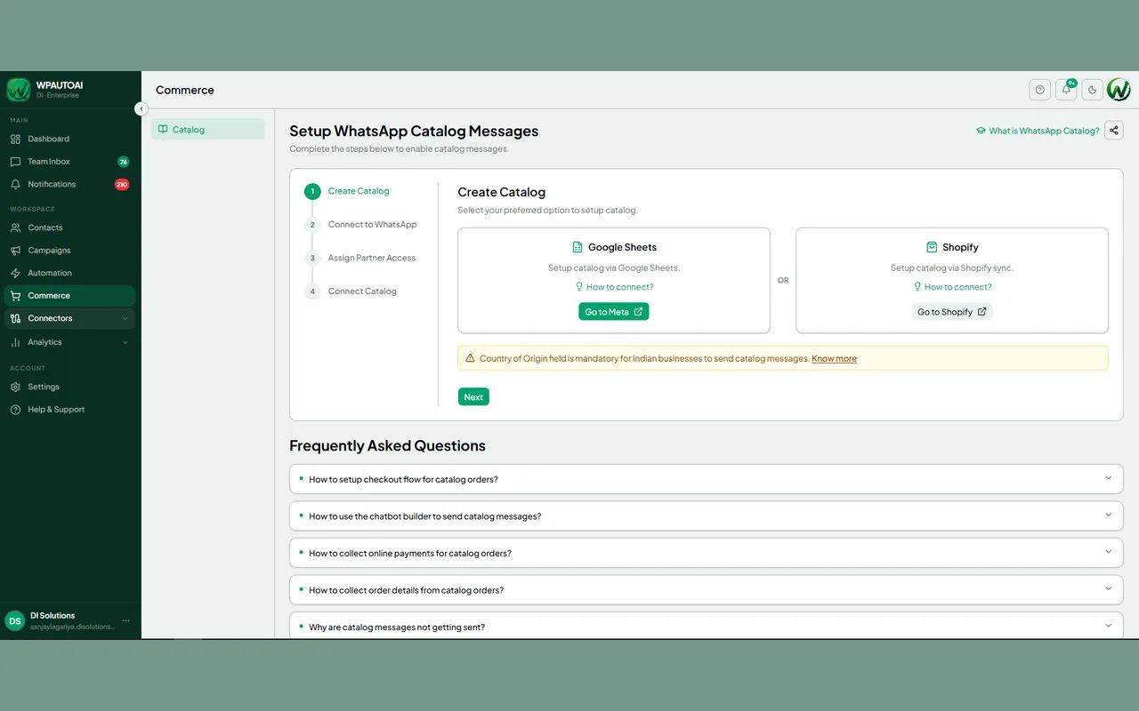 The WhatsApp catalogue setup, offering a Google Sheets or Shopify source across a four-step connect flow