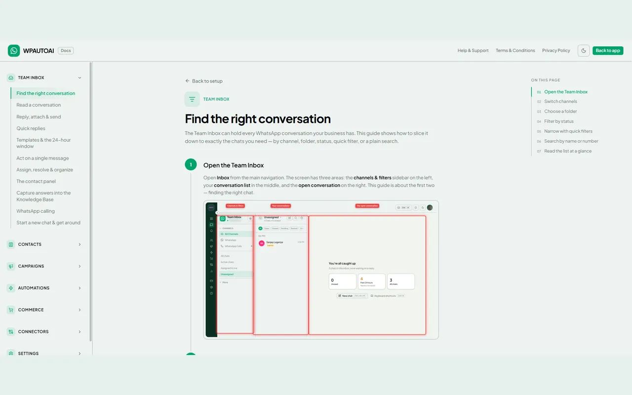 A team inbox documentation page, annotating the channels sidebar, conversation list and open conversation on a screenshot of the product