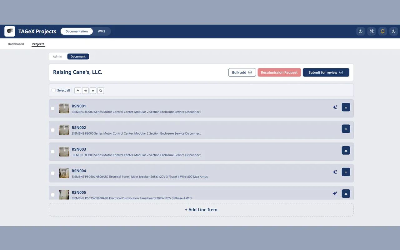 The documentation view of the same project, each captured item shown as a photo thumbnail beside its description, ready for bulk add or submission for review