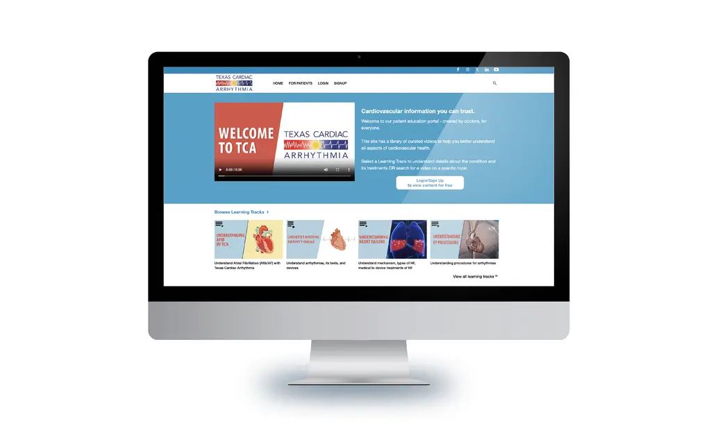 A branded Medical Visual microsite on a desktop monitor, opening on a welcome panel above a row of explainer videos