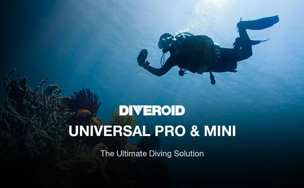 Diveroid Universal Pro and Mini shown against a diver swimming over a reef