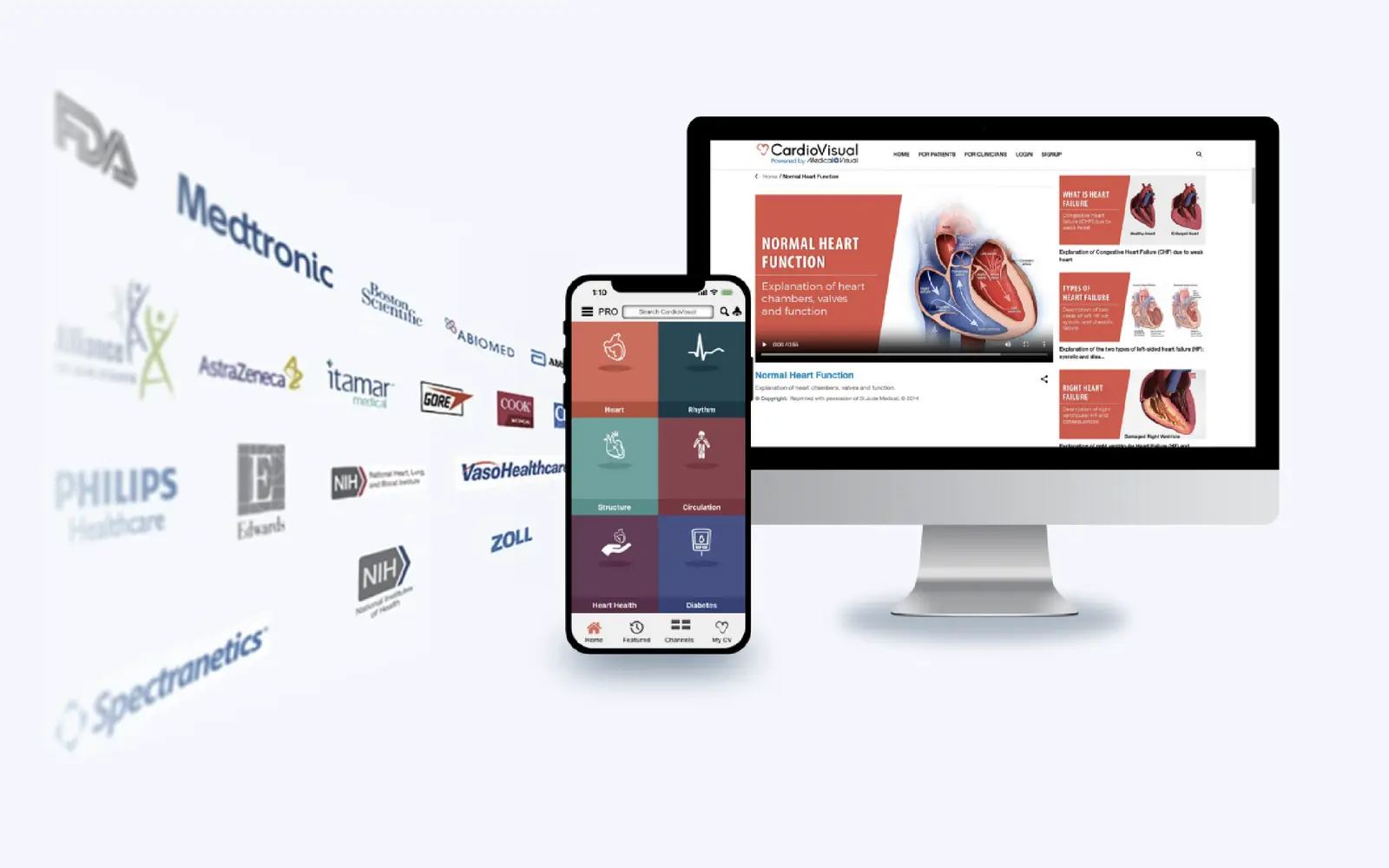 The Medical Visual platform on a desktop monitor and a phone, showing a heart-function explainer beside the app's condition menu