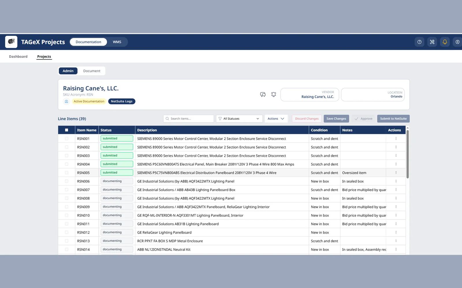 The TAGeX project view, listing captured equipment with its review status, description and condition ahead of submission to NetSuite