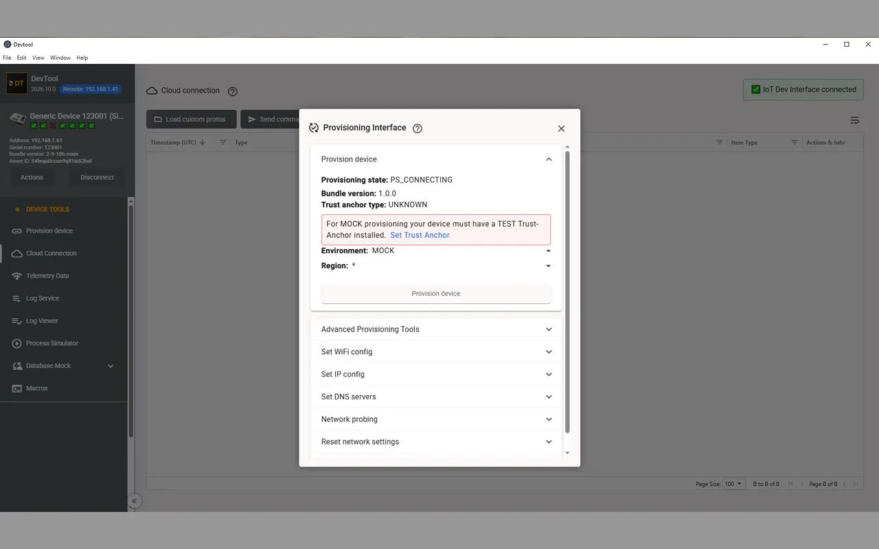 The provisioning interface open over a connected device, showing provisioning state and bundle version above collapsed sections for Wi-Fi, IP, DNS and network probing
