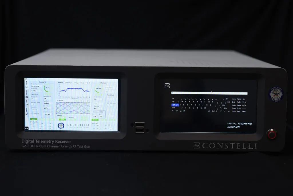The digital telemetry receiver's front-panel screens, one showing per-channel settings beside spectrum, constellation and eye-diagram plots, the other an on-screen keyboard